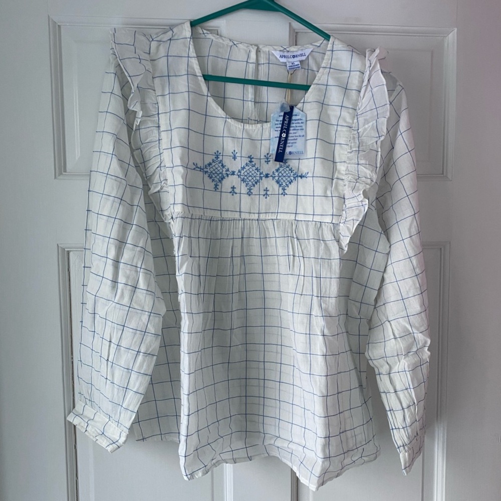April Cornell White and Blue Puff Sleeve Blouse